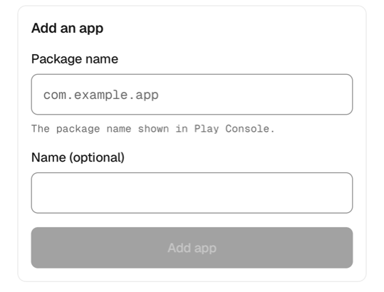 The add-an-app form: a package name field and an Add app button