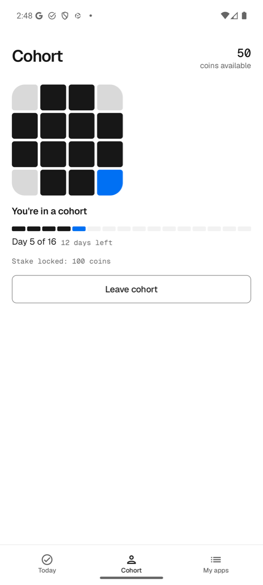 Cohort: sixteen tiles, your app in blue, the day bar and the locked stake